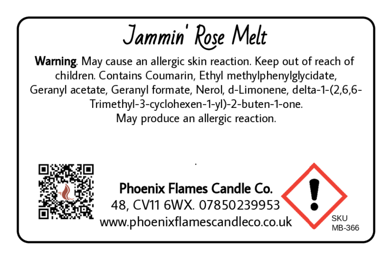 Label for 'Jammin' Rose Melt' by Phoenix Flames Candle Co. with warning text and contact information.