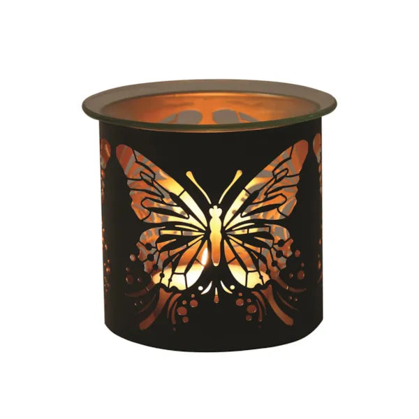 Butterfly design wax melt warmer with a warm glow on a white background