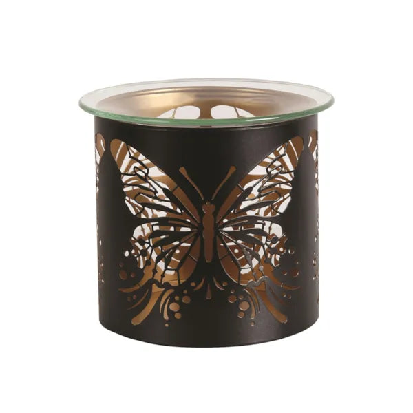 Cylindrical candle holder with butterfly design on a white background