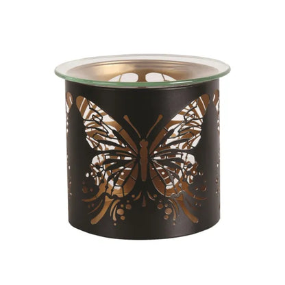 Cylindrical candle holder with butterfly design on a white background