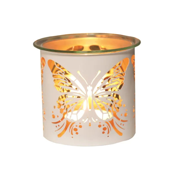 Butterfly-patterned candle holder with a lit candle inside on a white background