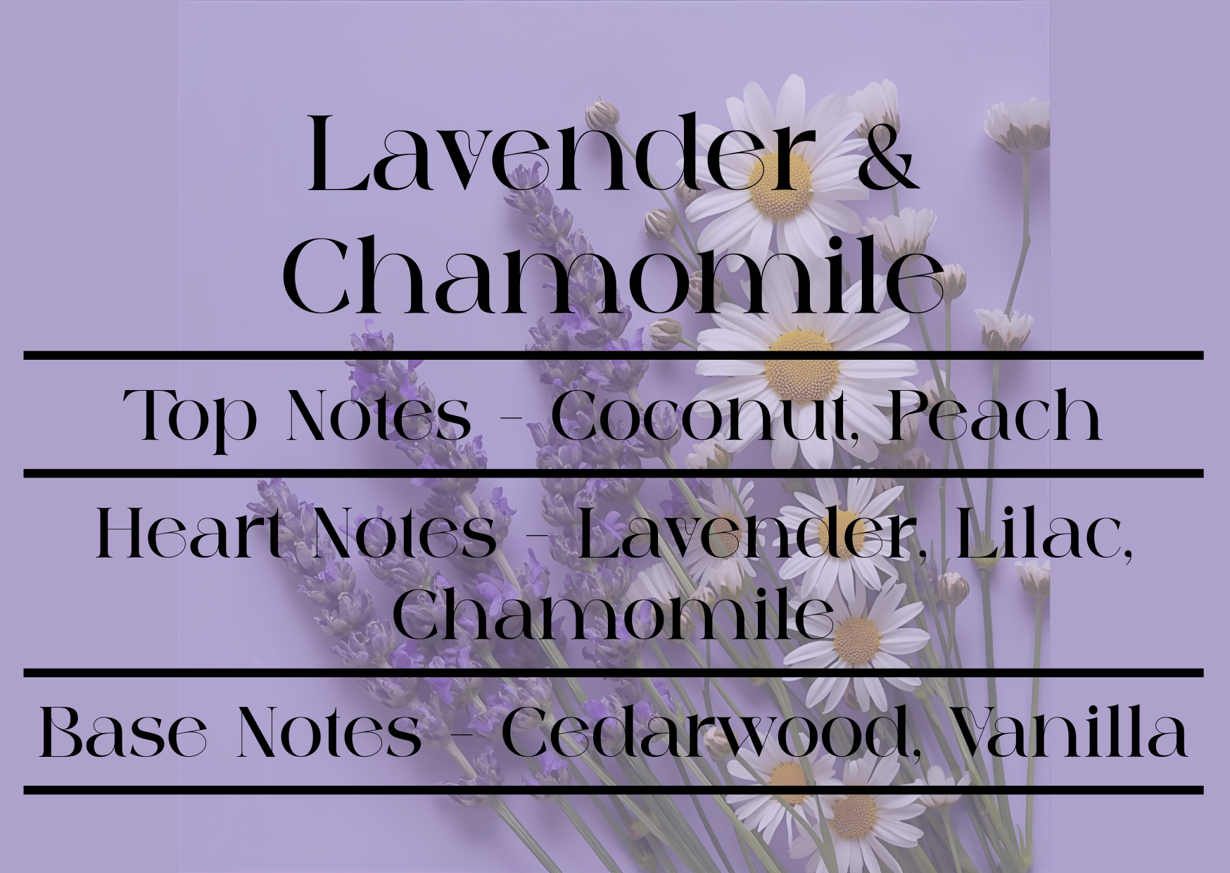 Floral arrangement with lavender and chamomile on a purple background, featuring text about fragrance notes.