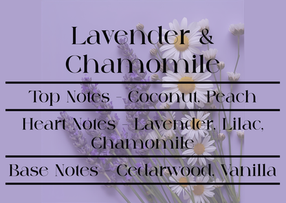 Floral arrangement with lavender and chamomile on a purple background, featuring text about fragrance notes.