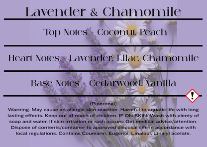 Floral infographic with lavender and chamomile on a purple background, detailing top, heart, and base notes of a fragrance and CLP information for wax melts and candles
