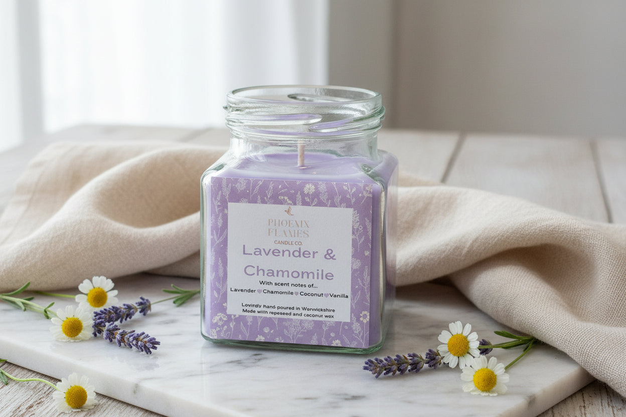 Glass jar lavender and chamomile candle on a marble surface