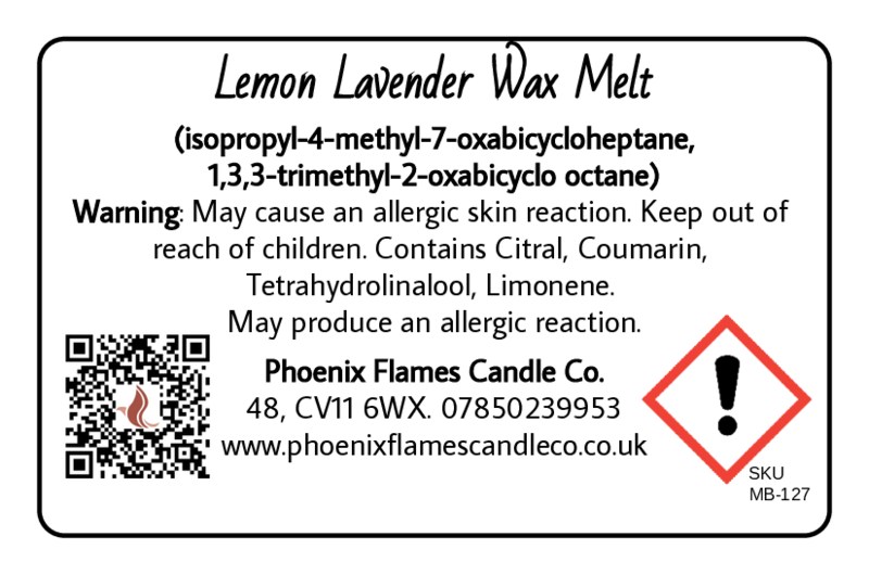 Label for Lemon Lavender Wax Melt with product details and safety warnings.