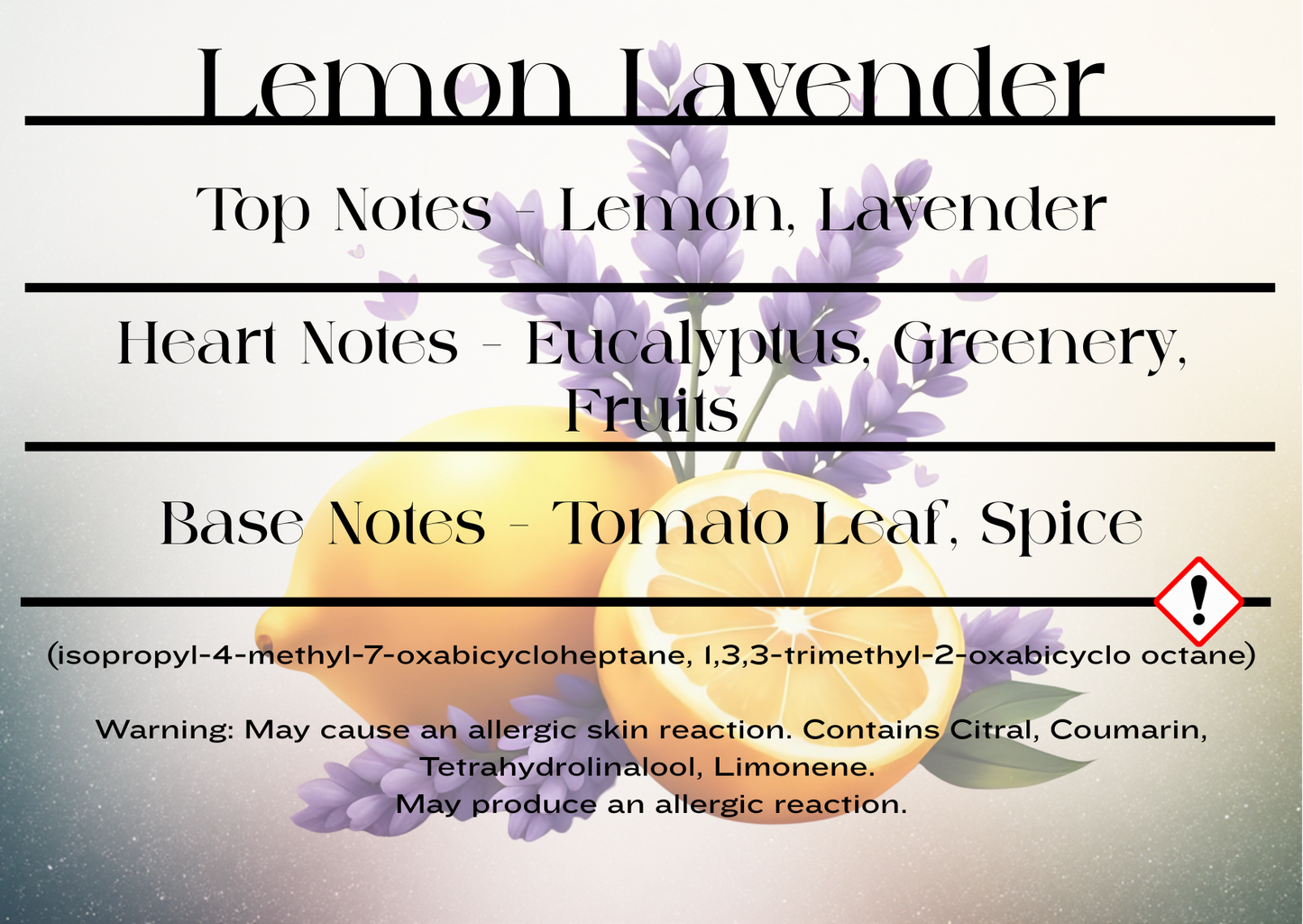Lemon Lavender fragrance description and CLP information with lemon and lavender flowers on a white background