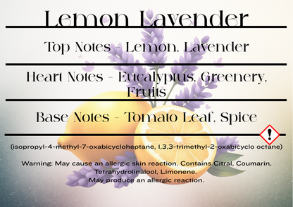 Lemon Lavender fragrance description and CLP information with lemon and lavender flowers on a white background