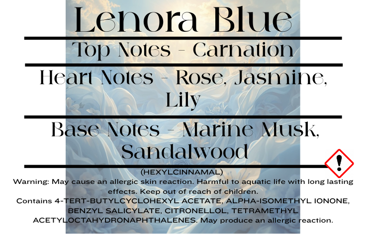 Lenora Blue scent notes and wax melt CLP information