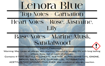 Lenora Blue scent notes and wax melt CLP information