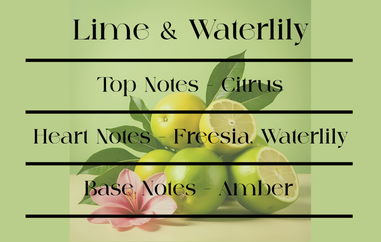 Product label with lime, waterlily, and freesia on a green background