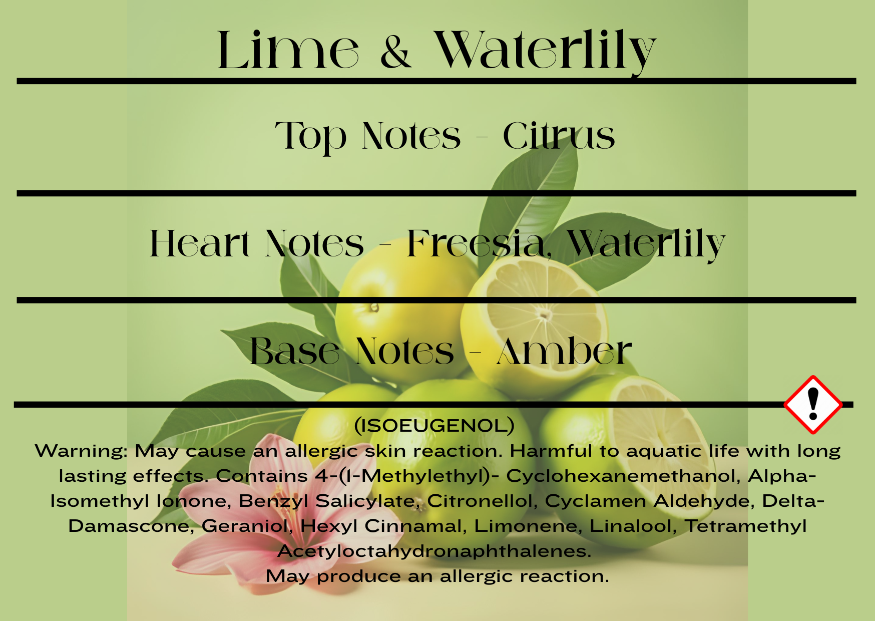 Lime and waterlily fragrance description with lemon slices and leaves on a green background and CLP information