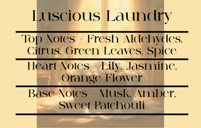 Product description card for 'Luscious Laundry' with fragrance notes on a beige background.