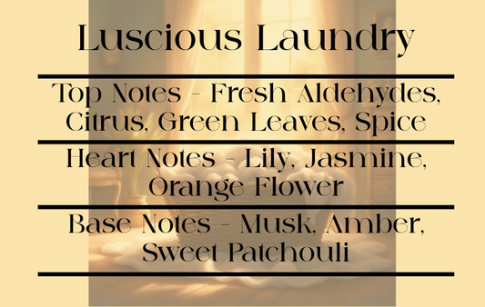 Product description card for 'Luscious Laundry' with fragrance notes on a beige background.