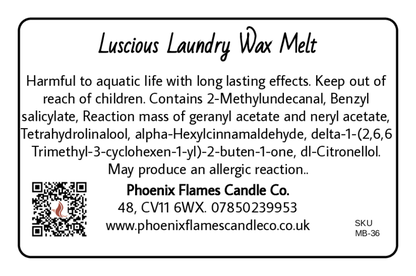 Label for Luscious Laundry Wax Melt with product details and contact information.