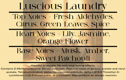 Text description of fragrance notes and CLP information on a beige background
