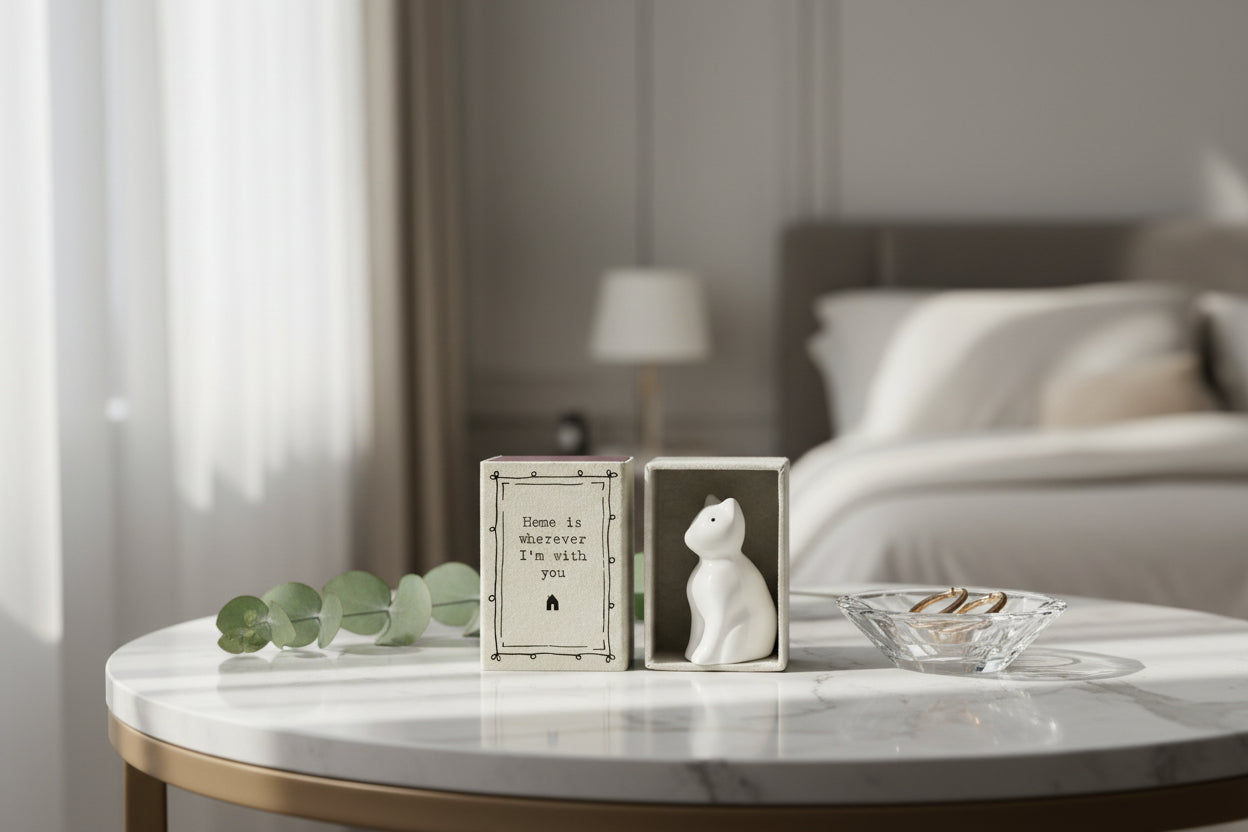 Small white cat figurine in a box with a quote