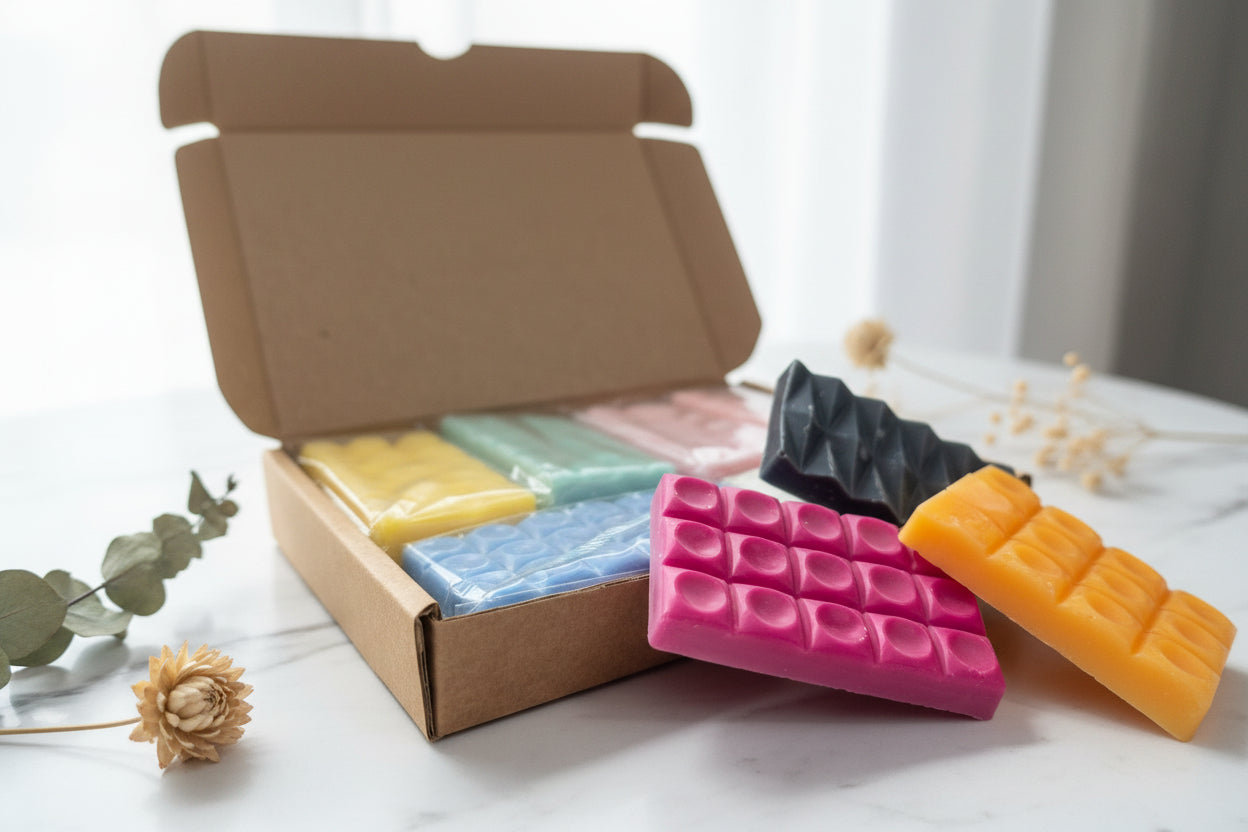 Colorful wax bars in a cardboard box on a light surface with flowers.