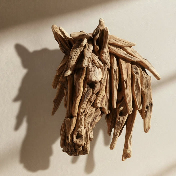 Wooden effect horse head sculpture on a white background