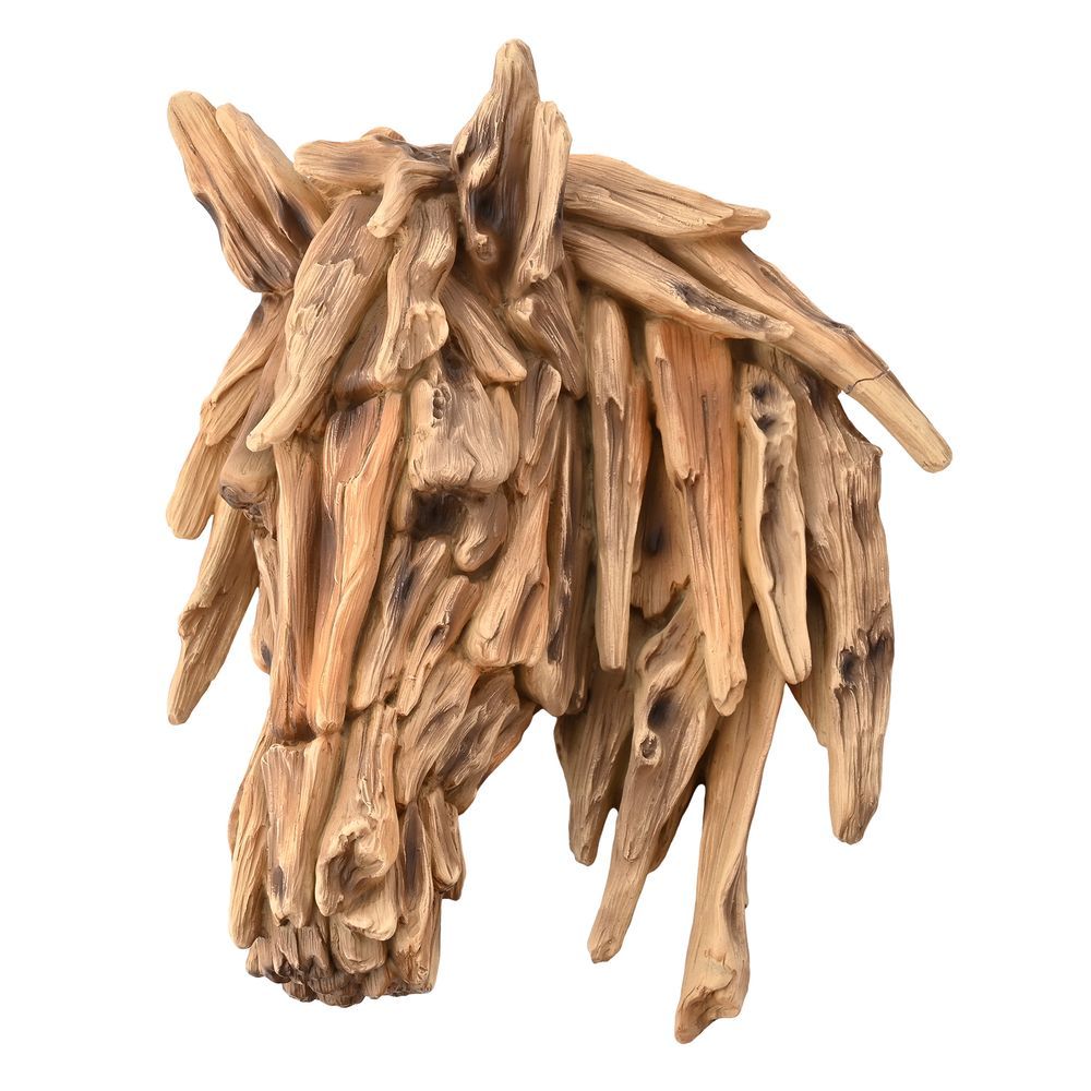 Wooden effect resin horse head wall sculpture on a white background