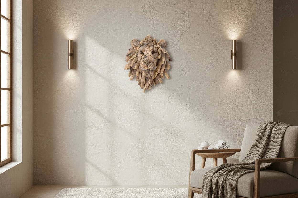 Wooden effect resin lion head sculpture mounted on a wall