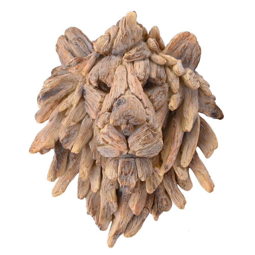 Wooden effect resin lion head sculpture on a white background