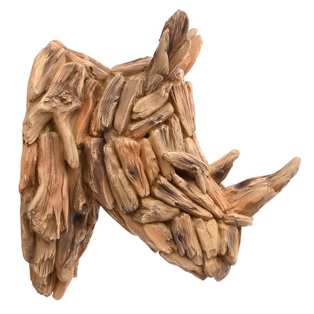 Wooden effect resin rhinoceros head sculpture on a white background