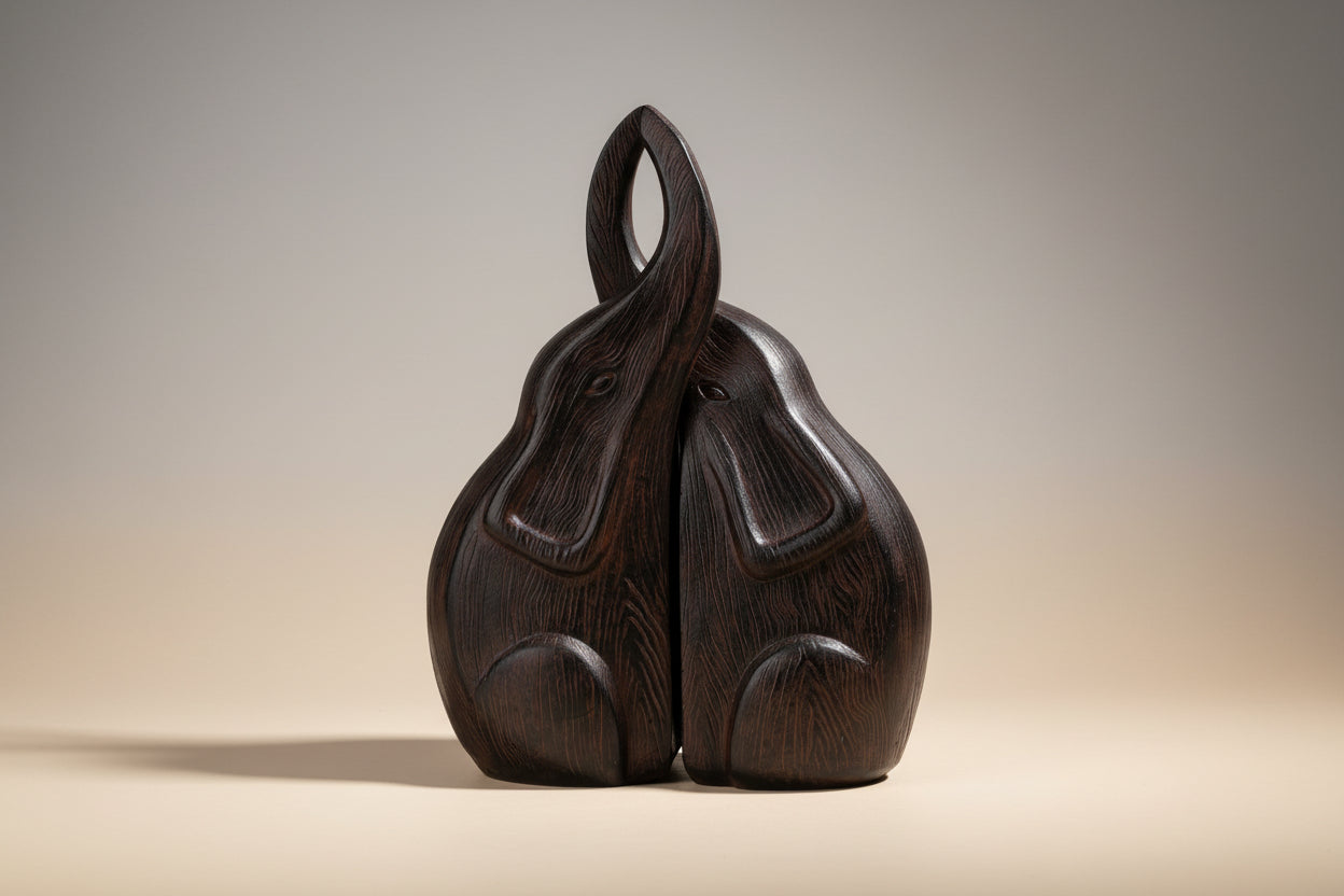Dark wood effect resin elephants kissing on a plain background