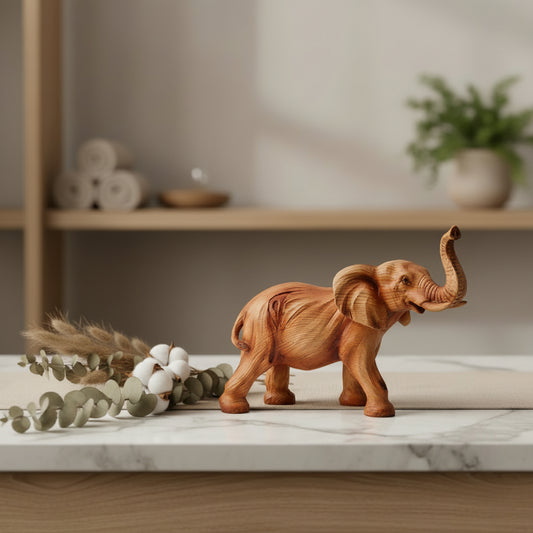 Wood effect cast resin ornament of an elephant figurine