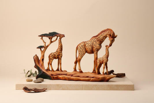 Wooden effect resin ornament of a family of giraffes on a stone surface