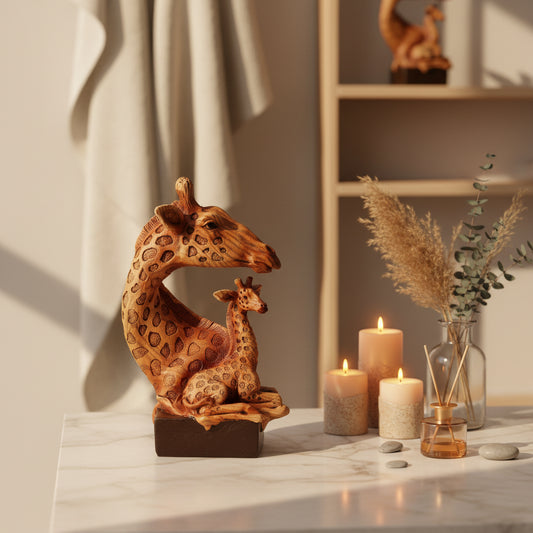 Wooden effect resin figurine of a giraffe with its calf on a white marble surface next to lit pillar candles