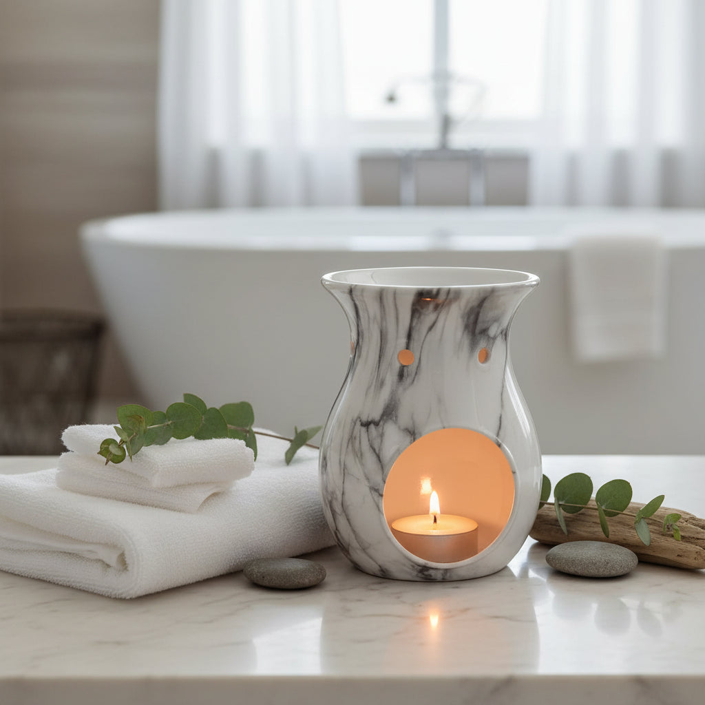 Marble-patterned wax warmer white with black and greys