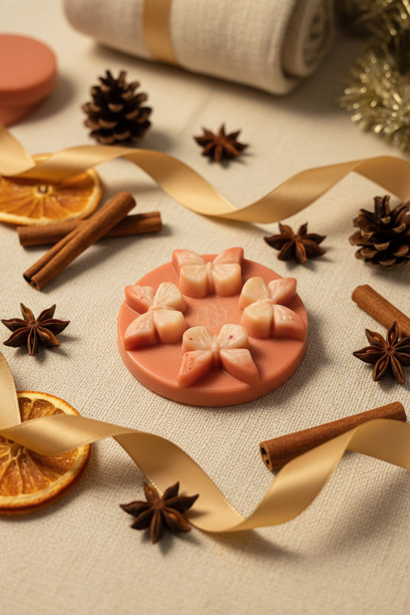 A Large Wax Melt disk with butterflies scented in Nutcracker surrounded by festive spices and fruits.