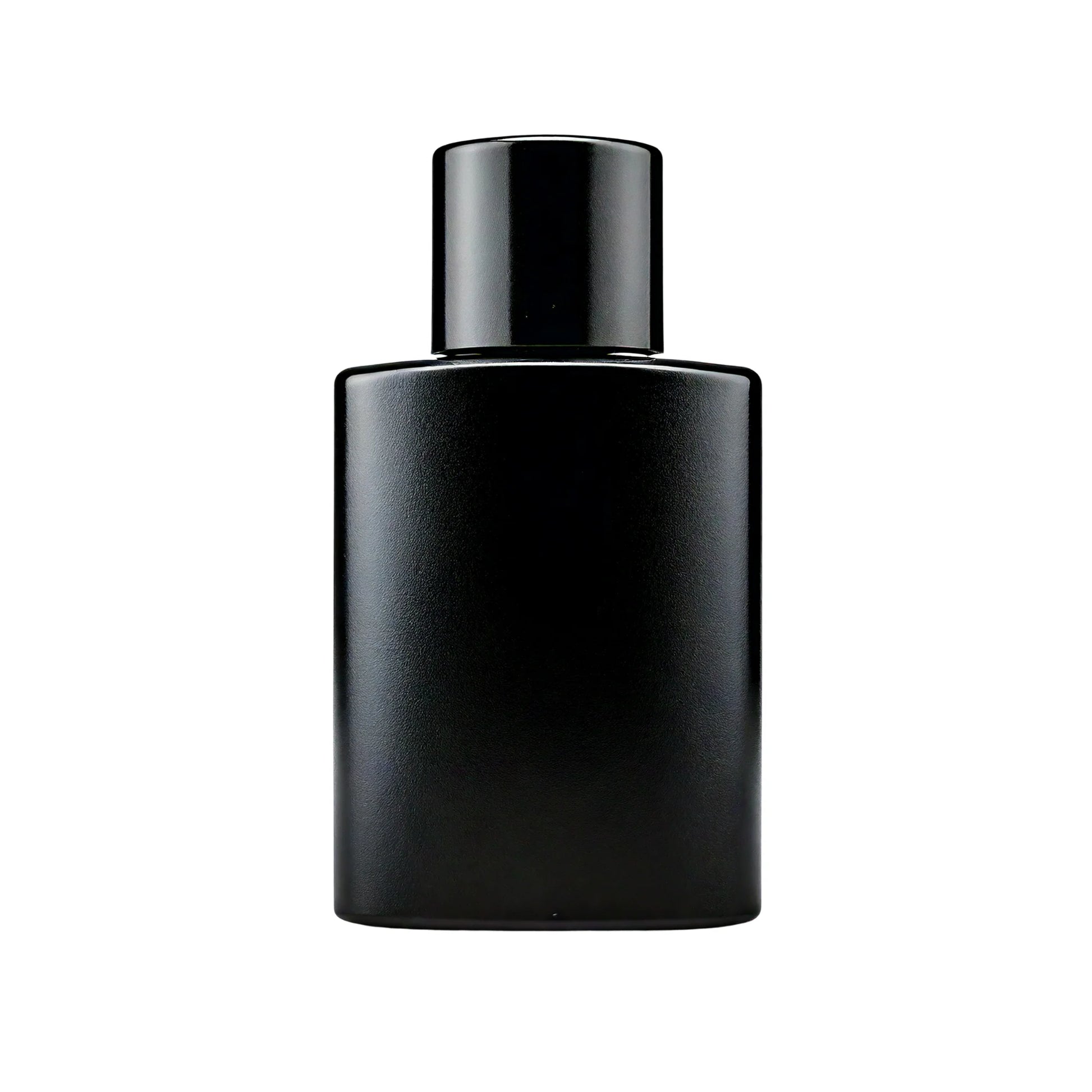 Black perfume bottle on a white background