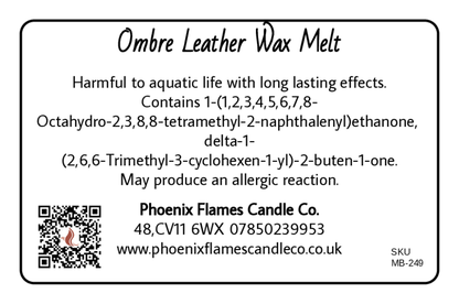 Label for Ombre Leather Wax Melt with text and contact information.