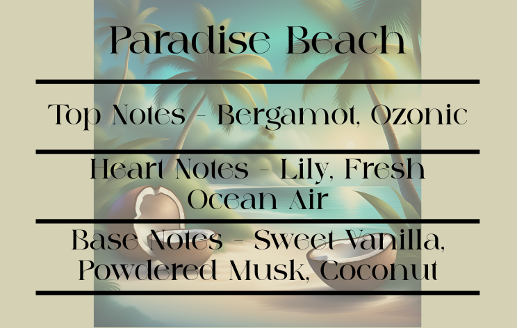 Paradise Beach fragrance description with beach scene in the background