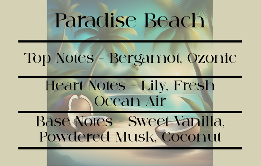 Paradise Beach fragrance description with beach scene in the background
