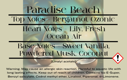 Paradise Beach fragrance description with beach scene and CLP information