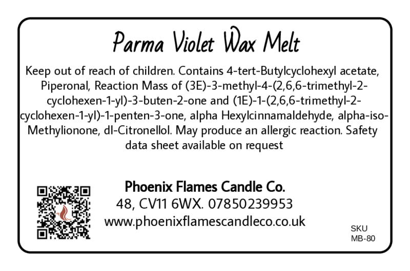 Label for Parma Violet Wax Melt with product details and contact information.