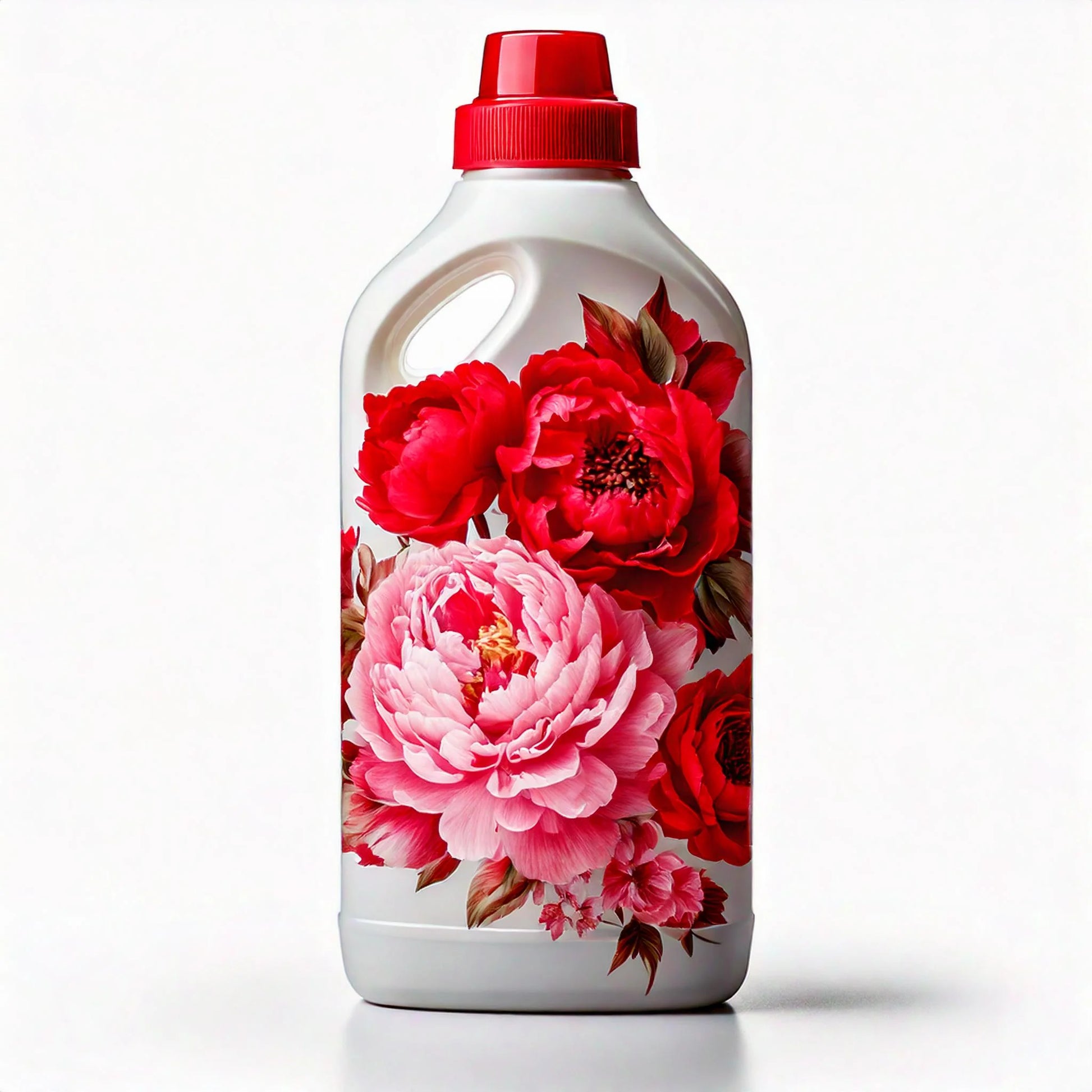 Detergent bottle with floral design and red cap on a white background