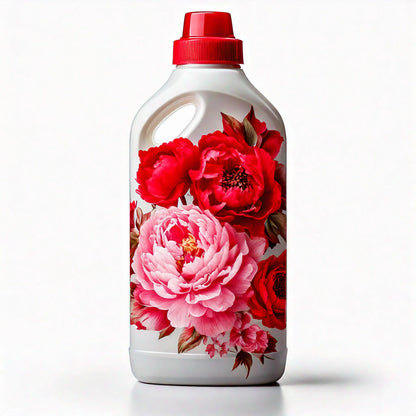 Detergent bottle with floral design and red cap on a white background