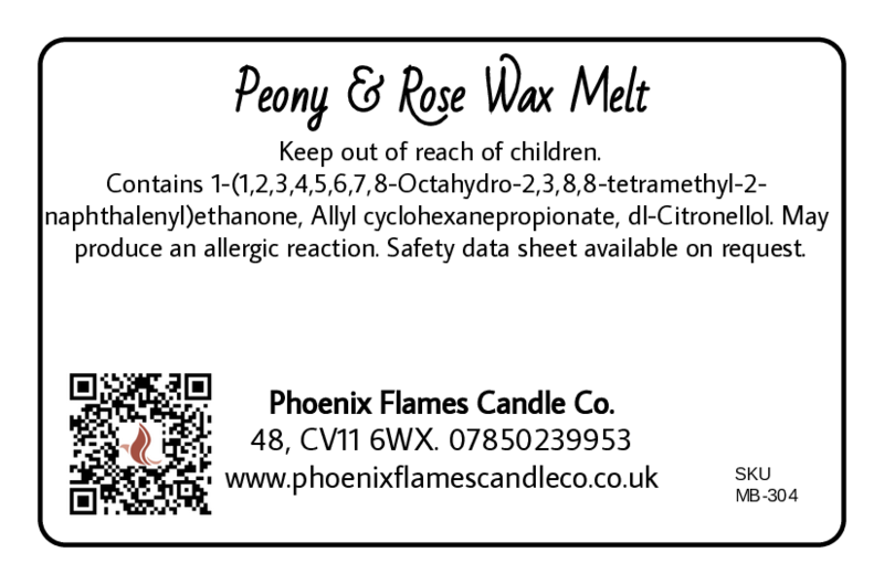 Label for Peony & Rose Wax Melt from Phoenix Flames Candle Co. with contact information and safety warning.