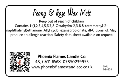 Label for Peony & Rose Wax Melt from Phoenix Flames Candle Co. with contact information and safety warning.