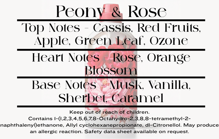 Peony & Rose scent notes and wax melt CLP information
