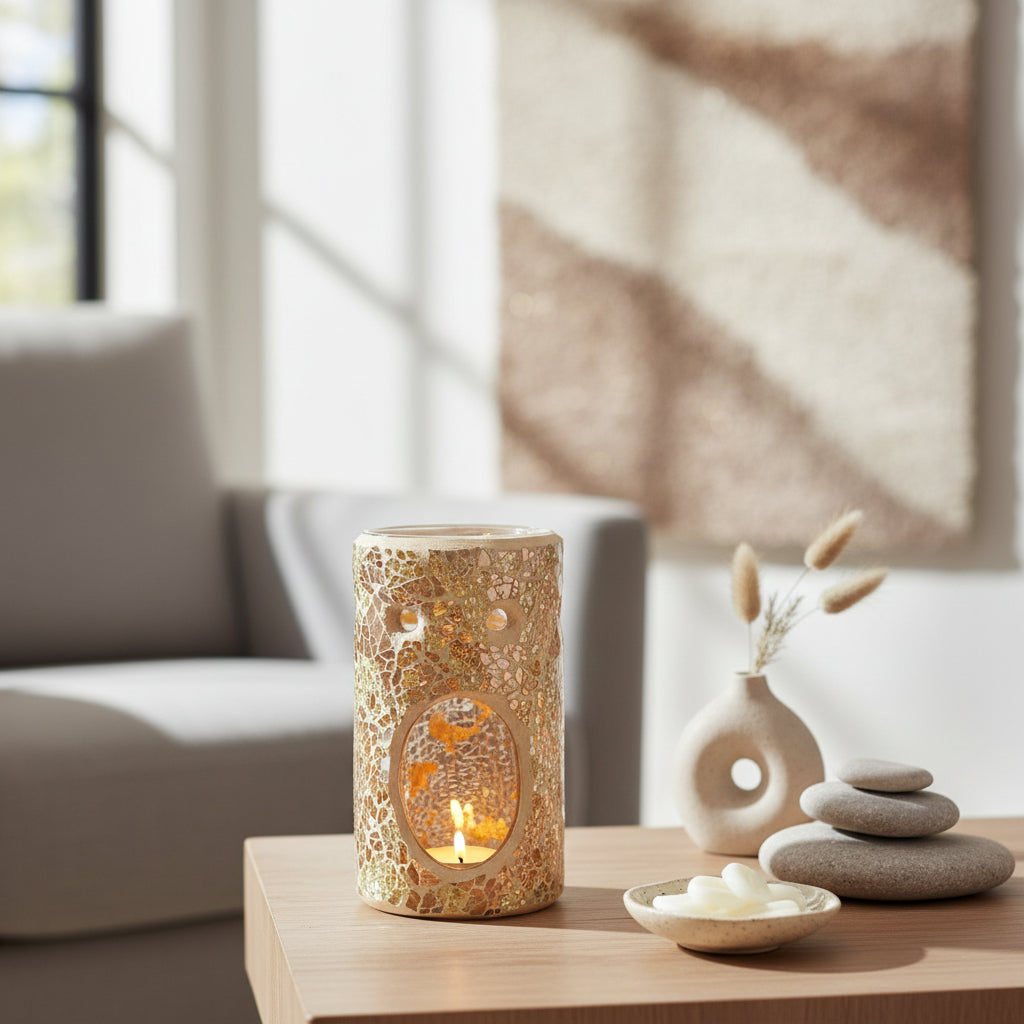 Pillar Crackle glass wax melt burner placed on a wooden table
