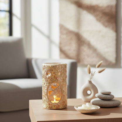 Pillar Crackle glass wax melt burner placed on a wooden table

