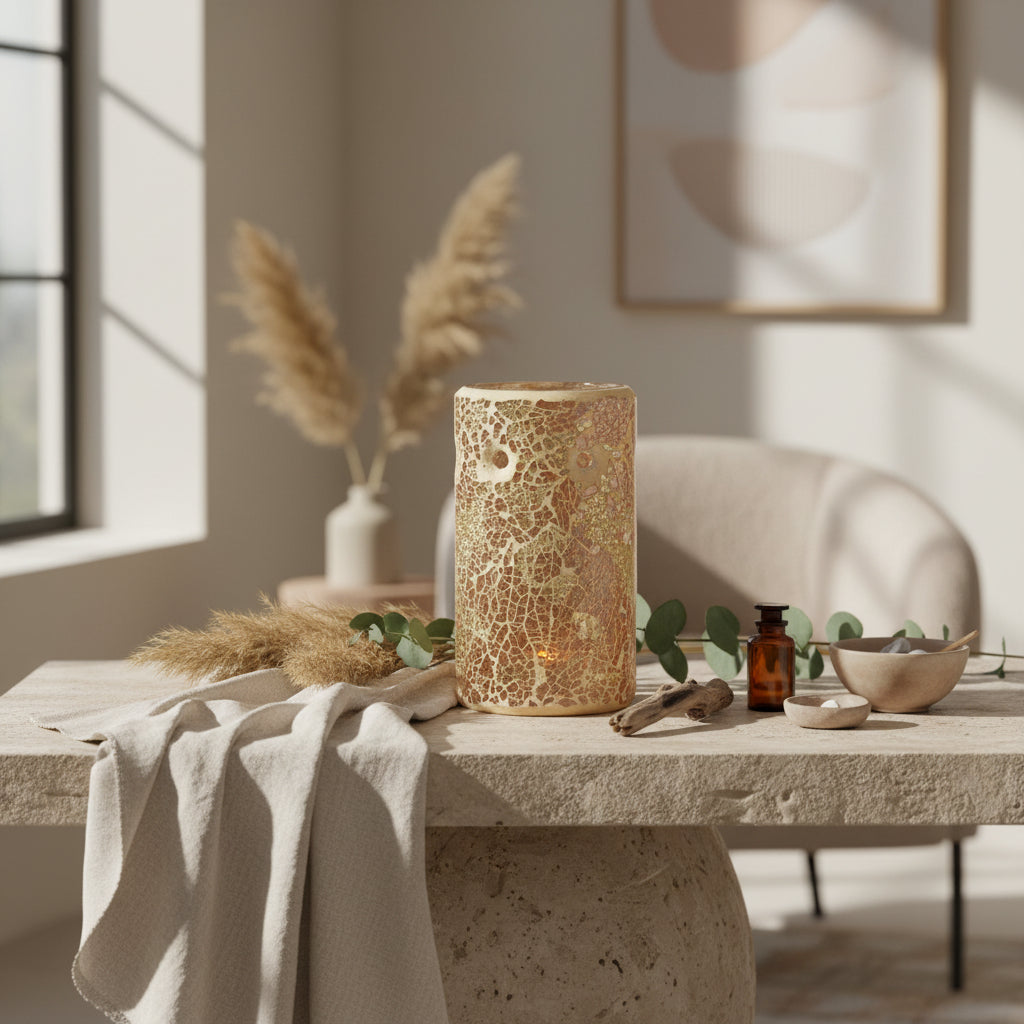 Gold decorative wax melt warmer on a table with plants and a painting in the background