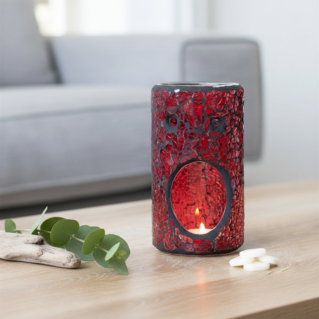 Red crackle glass wax melt burner on a table