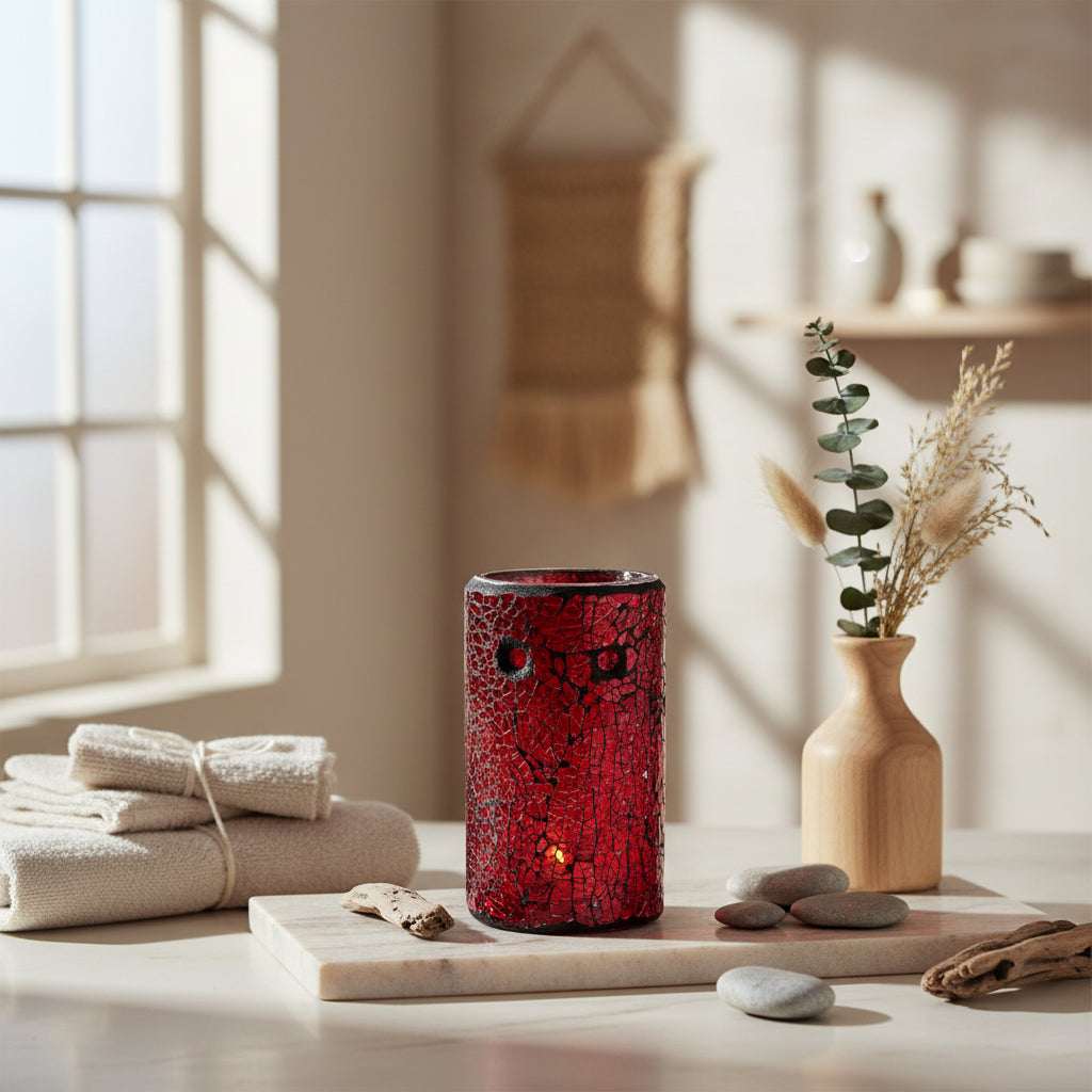 Red mosaic candle holder on a white background