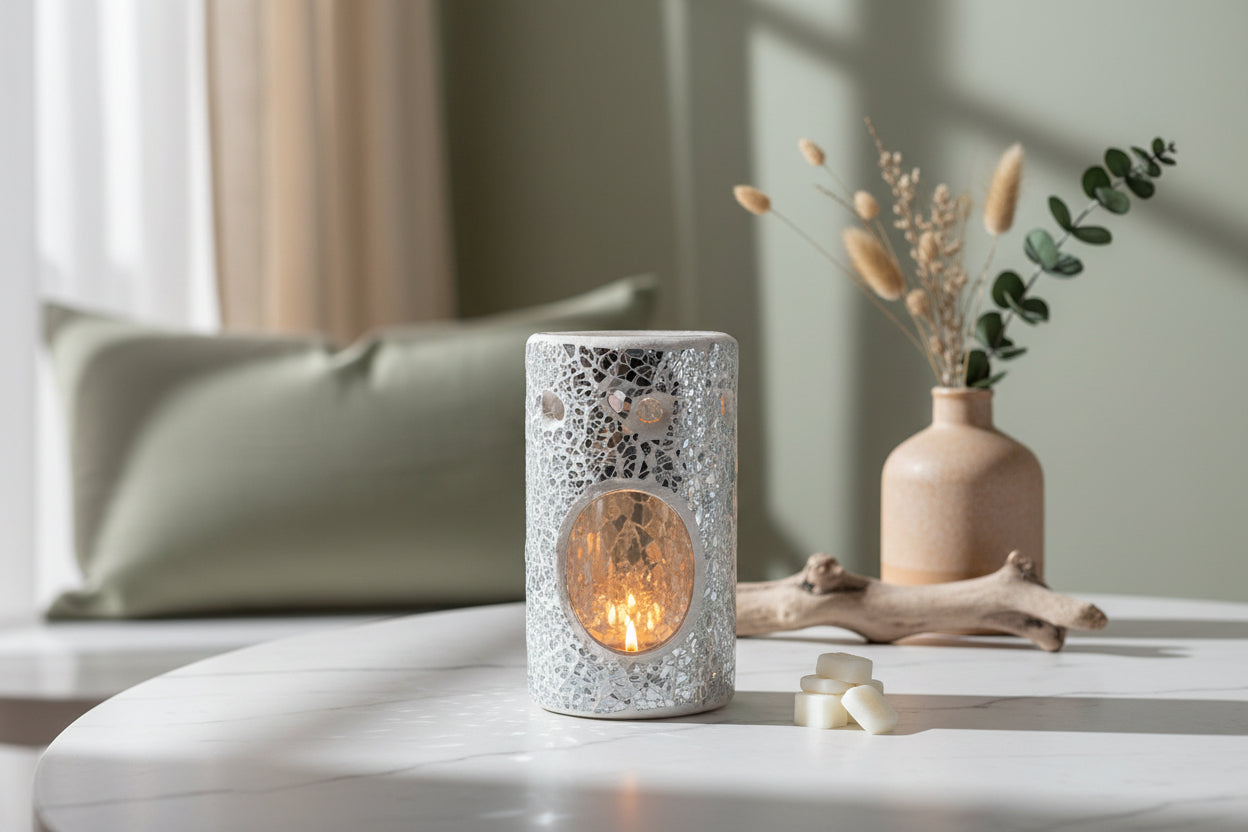 Decorative silver crackle wax melt burner on a table with a vase and plant in the background